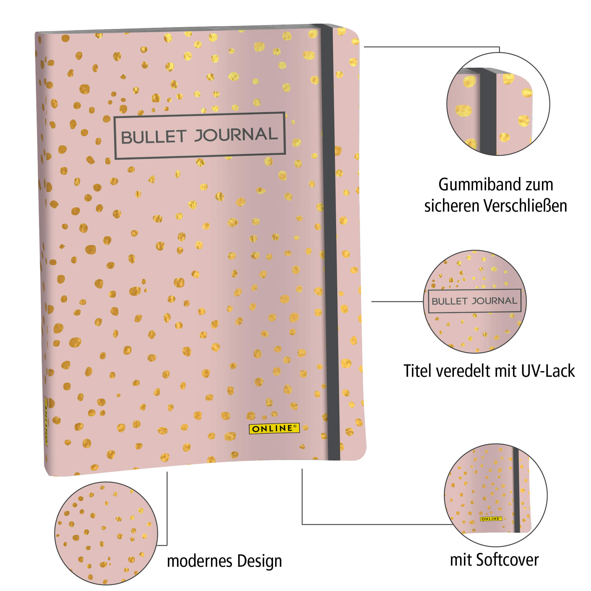 Bullet Journal Spotlights Roses, Dotted-Notizbuch mit Soft Cover, Gummiband, DIN A5, 120g/m² FSC Papier, 144 Seiten