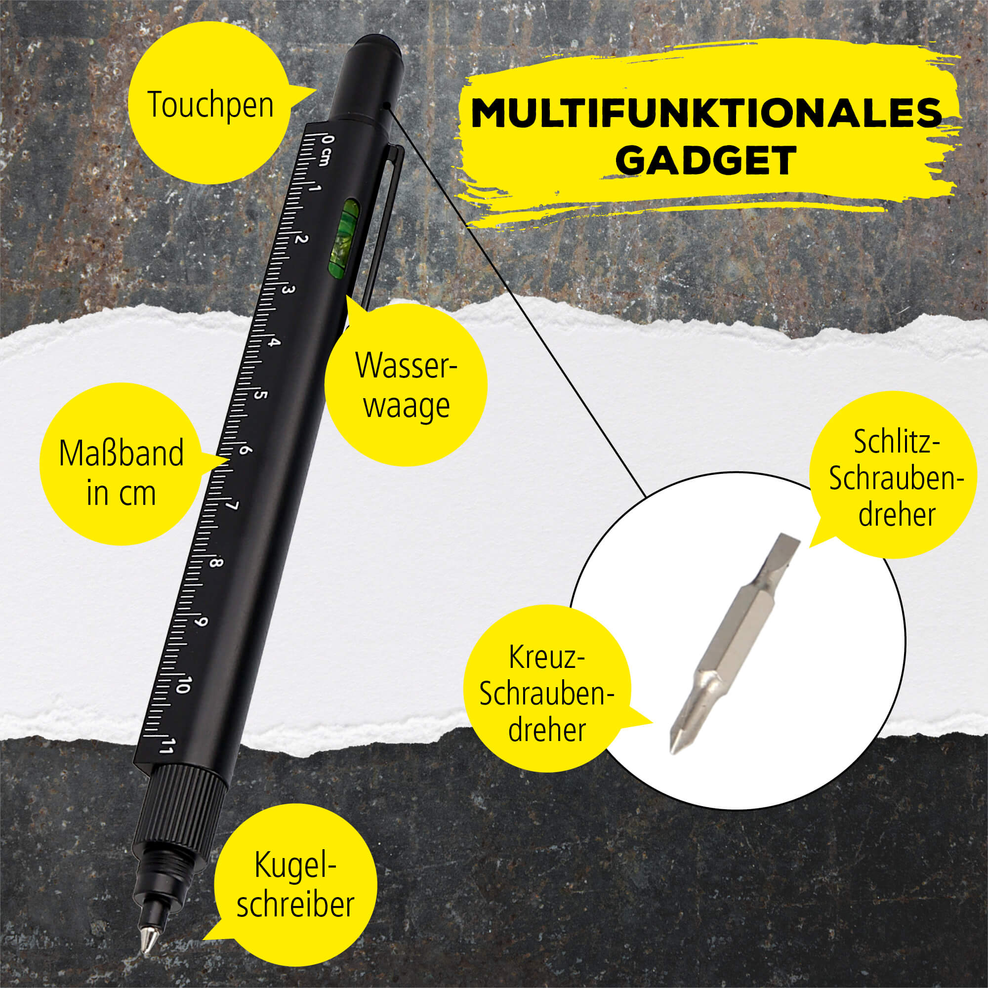 Multifunktionsstift 6-in-1, Kugelschreiber und Werkzeug Toolpen Schwarz