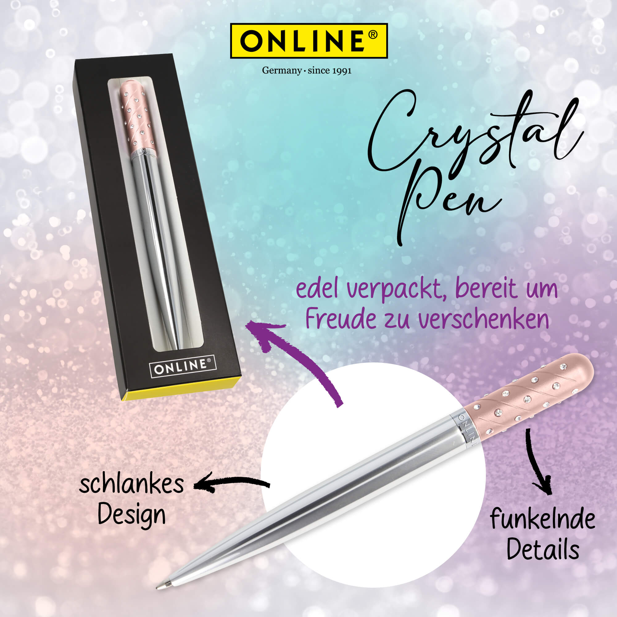 Kugelschreiber Crystal Pen Rose, Metall, inkl. internationale Großraummine schwarzschreibend, in Geschenketui