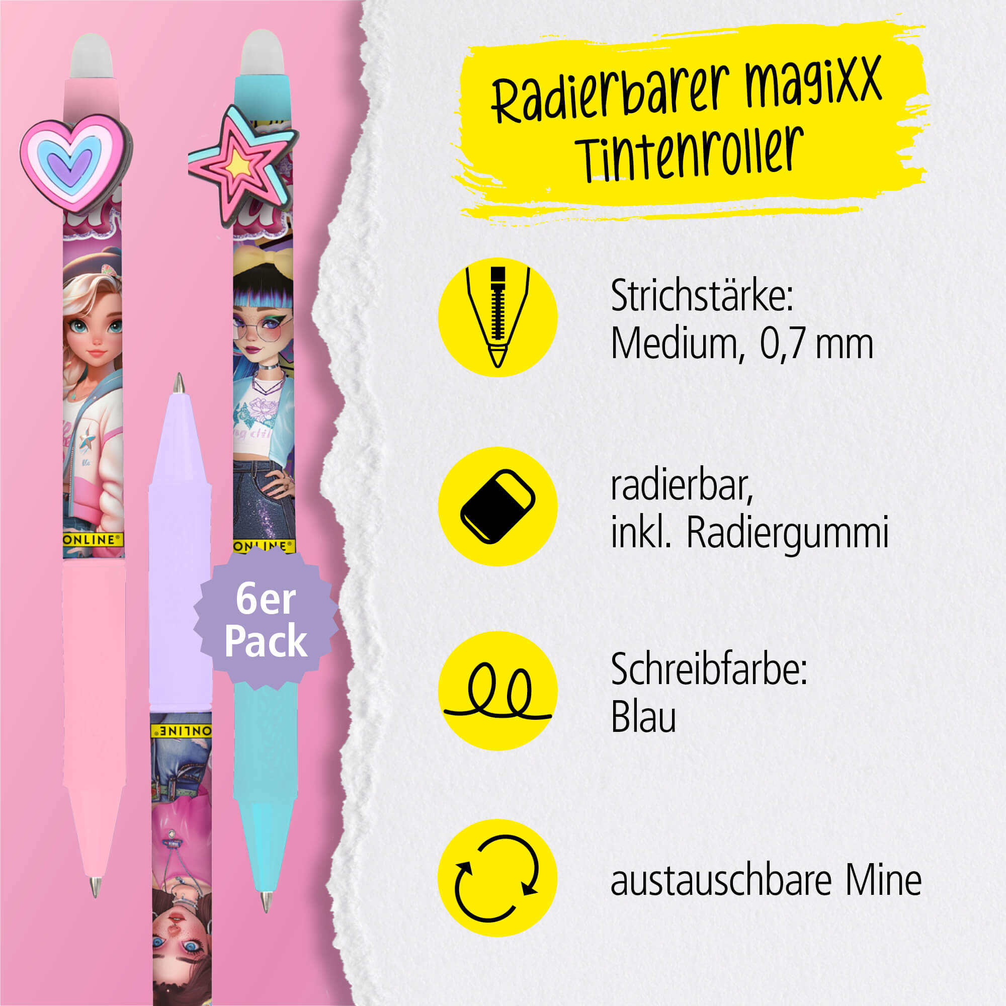 Radierbare Gelschreiber magiXX Fun Fashion Stars, 6er Pack