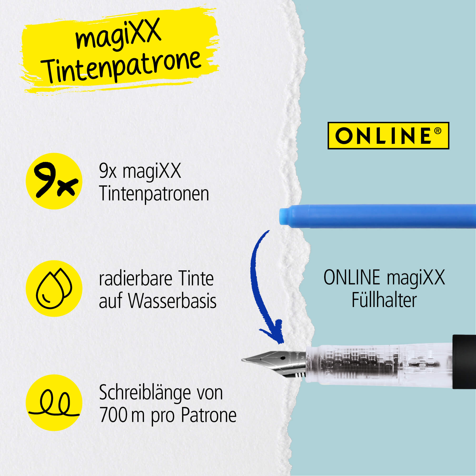 9x radierbare Tintenpatronen für magiXX Füllhalter, Vorteilspack, blauschreibend