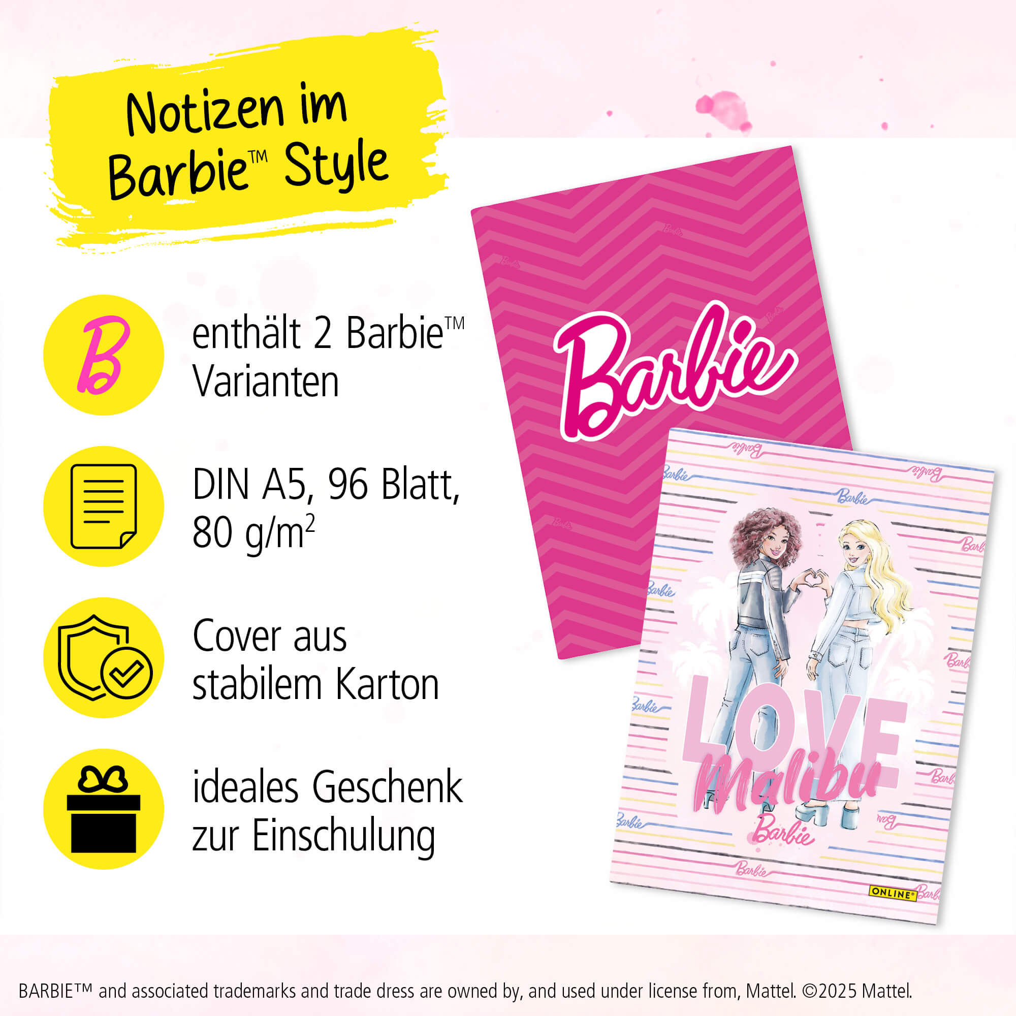 Kladde DIN A5 Barbie, dotted, 96 Blatt, 80 g/m² Notizbuch, 2er Pack