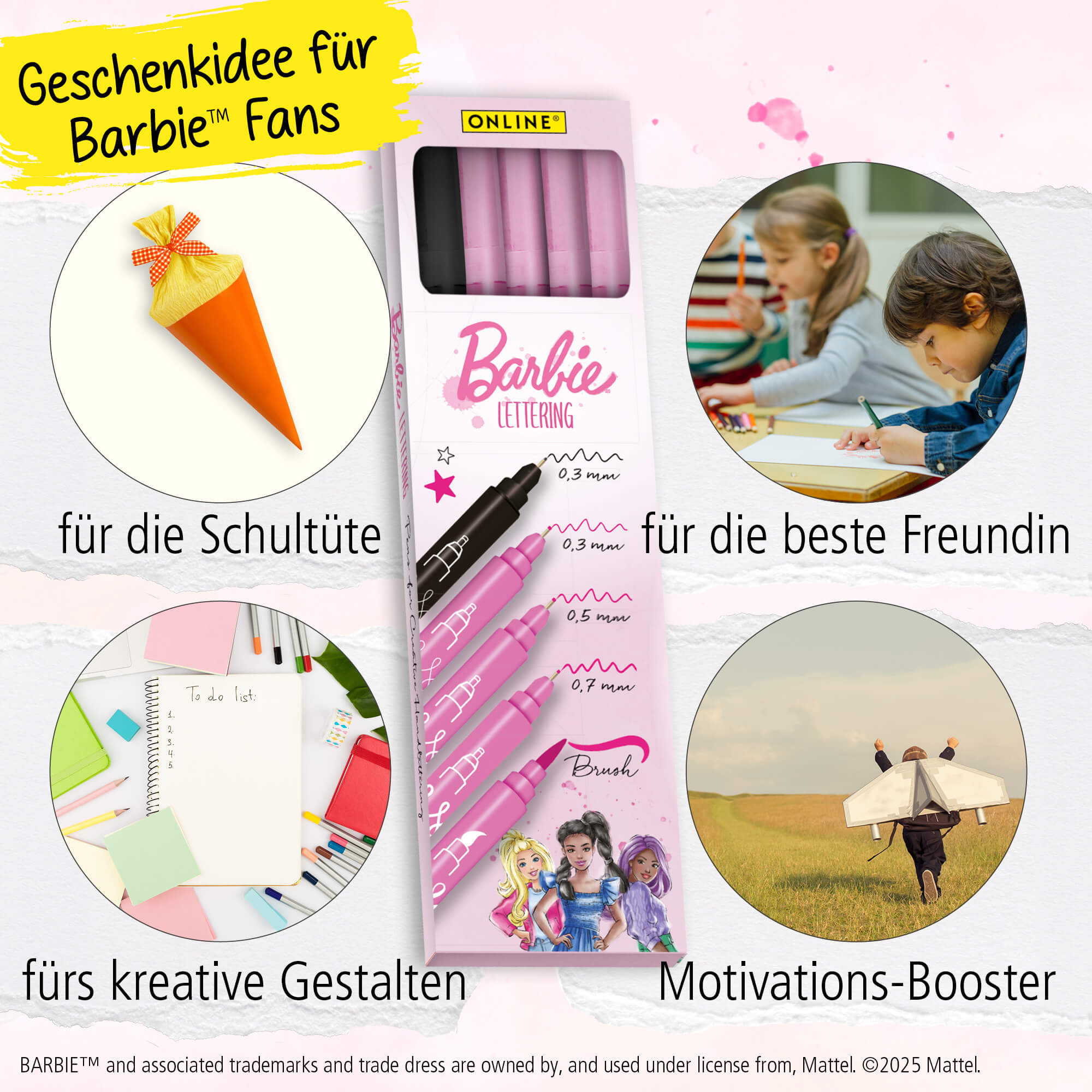 Barbie Pink Lettering Set, 5 Stifte, Fineliner und Brush Pen