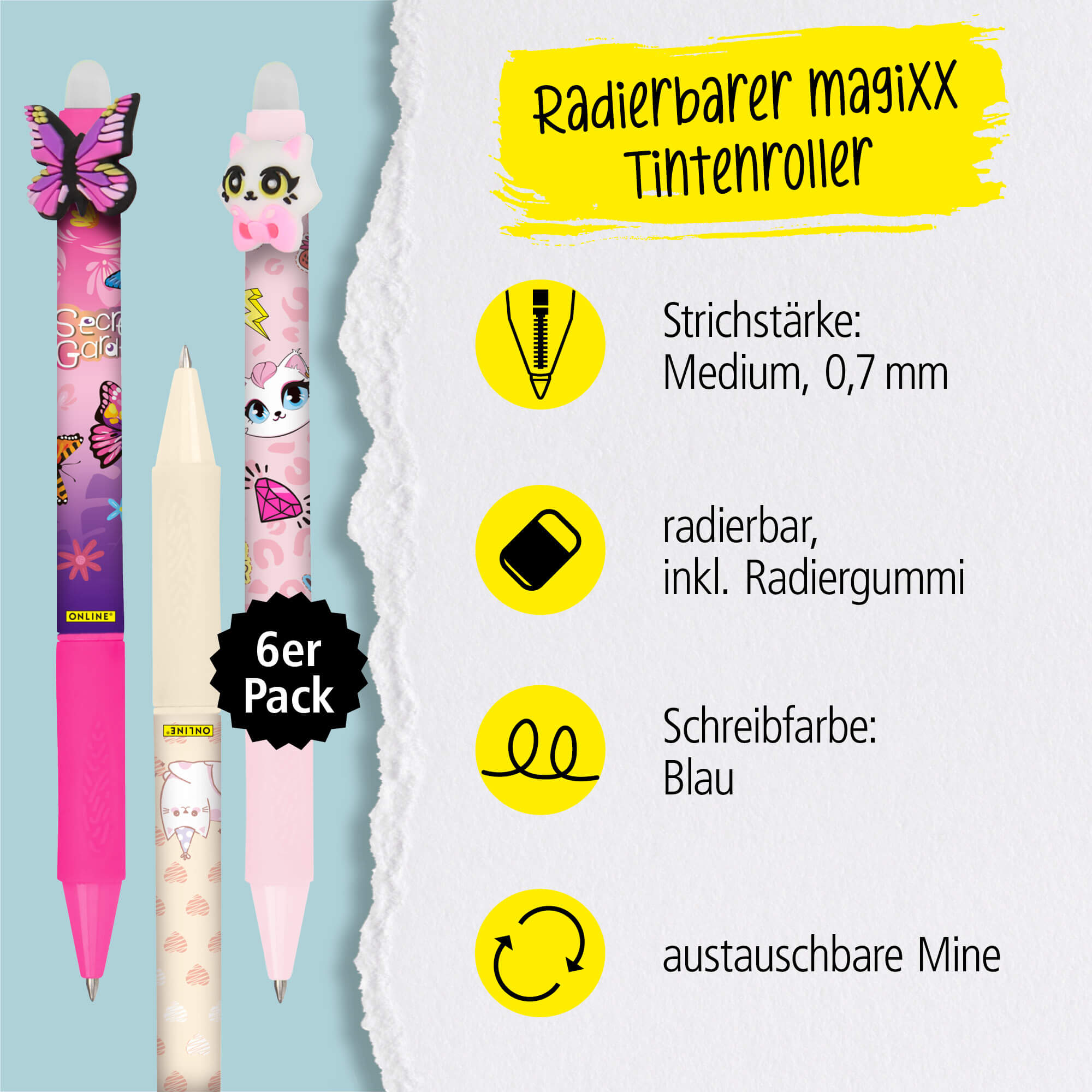 Radierbare Gelschreiber ONLINE magiXX Fun Girls, 6er Pack