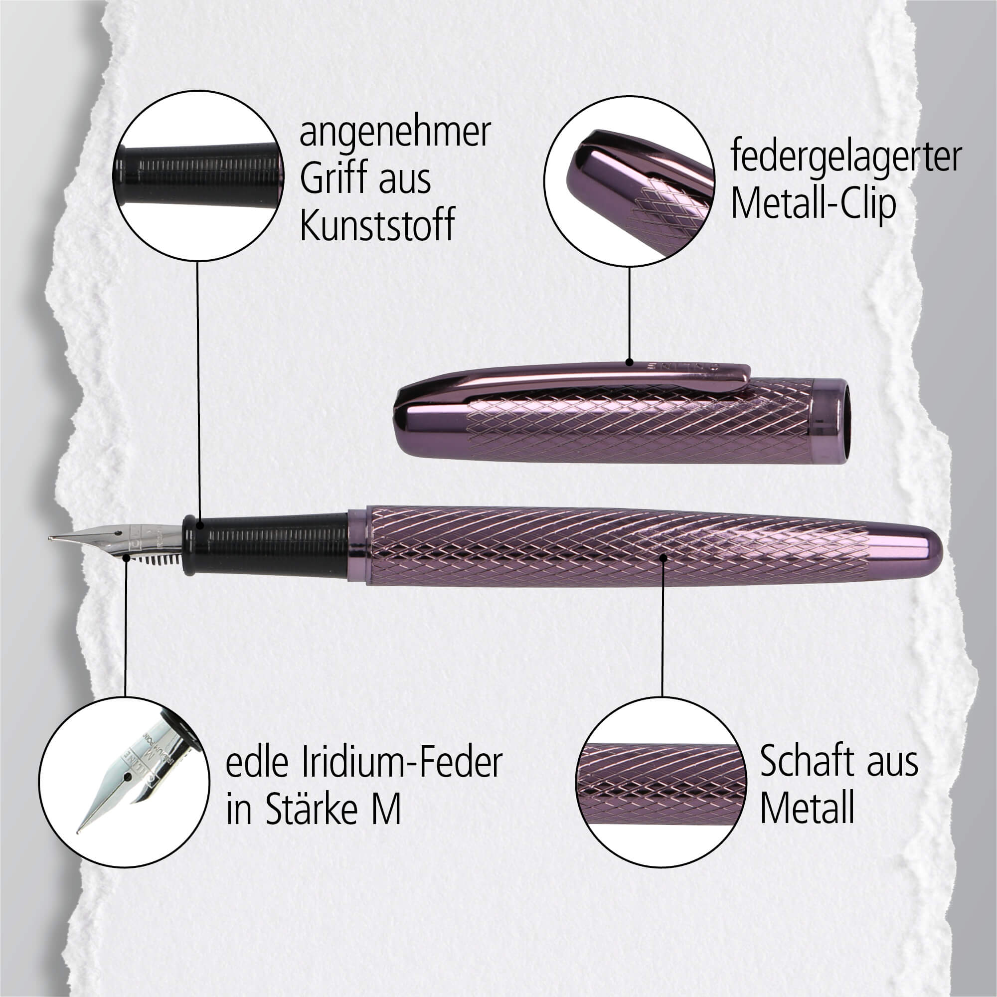 Füller Eleganza Diamond Wine, aus Metall, Federstärke M, inkl. Tintenpatrone und Geschenkverpackung