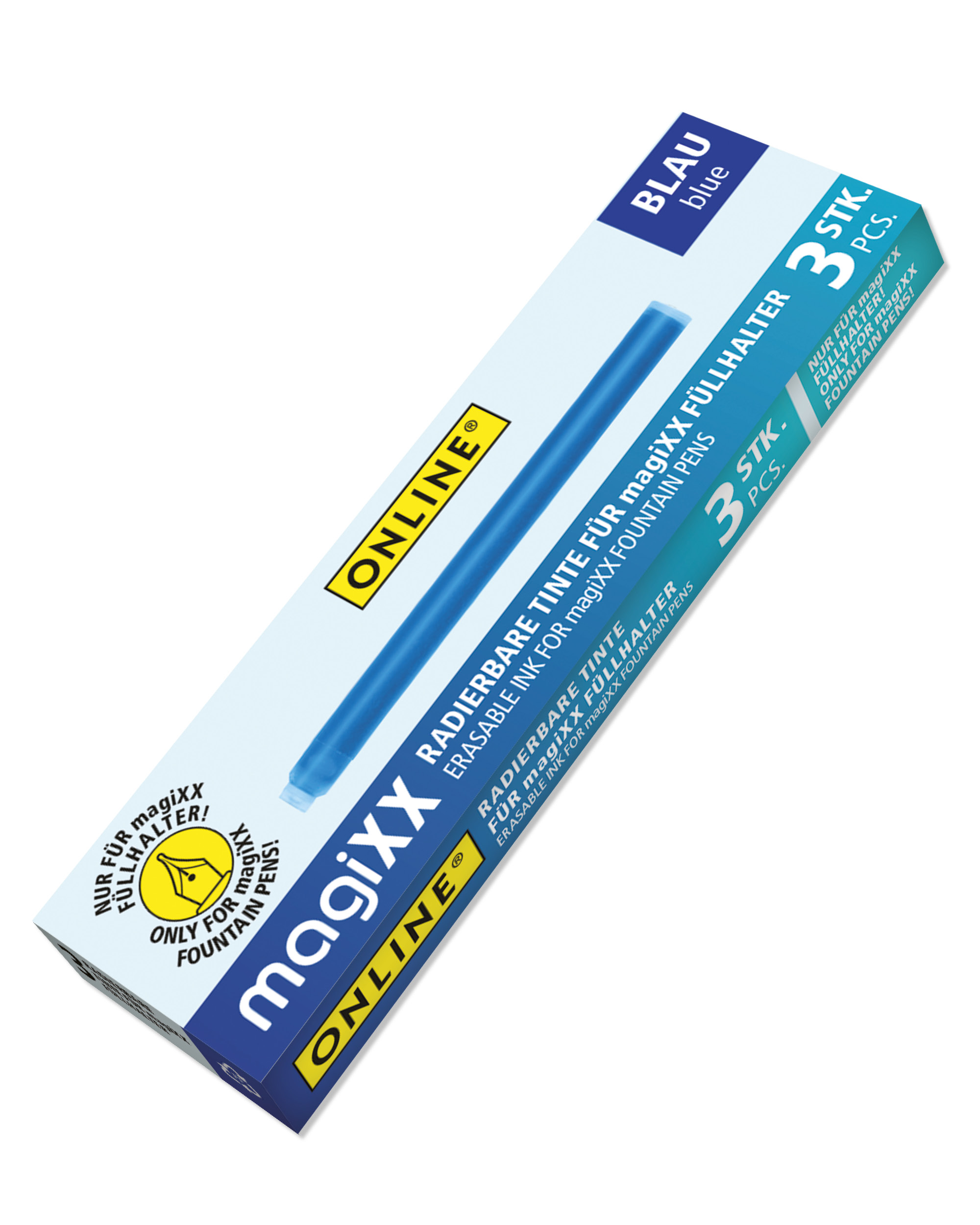 3x radierbare Tintenpatronen für magiXX Füllhalter, blauschreibend