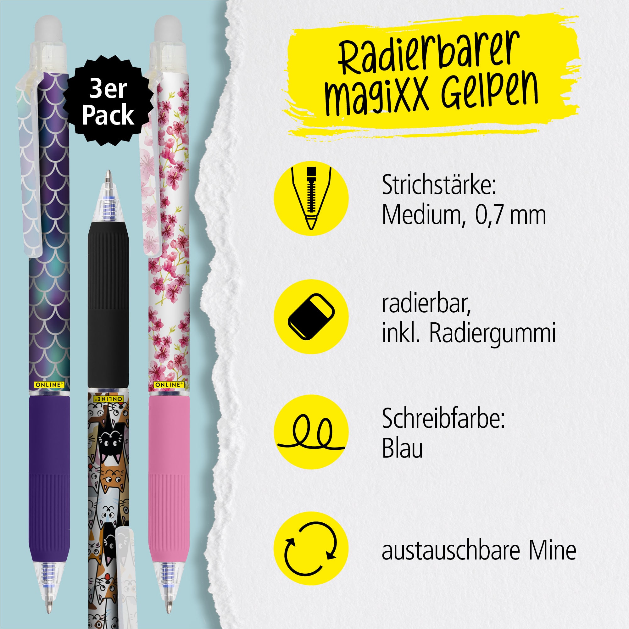 3x Radierbare Gelpens ONLINE magiXX Design Girls, Gelschreiber blau