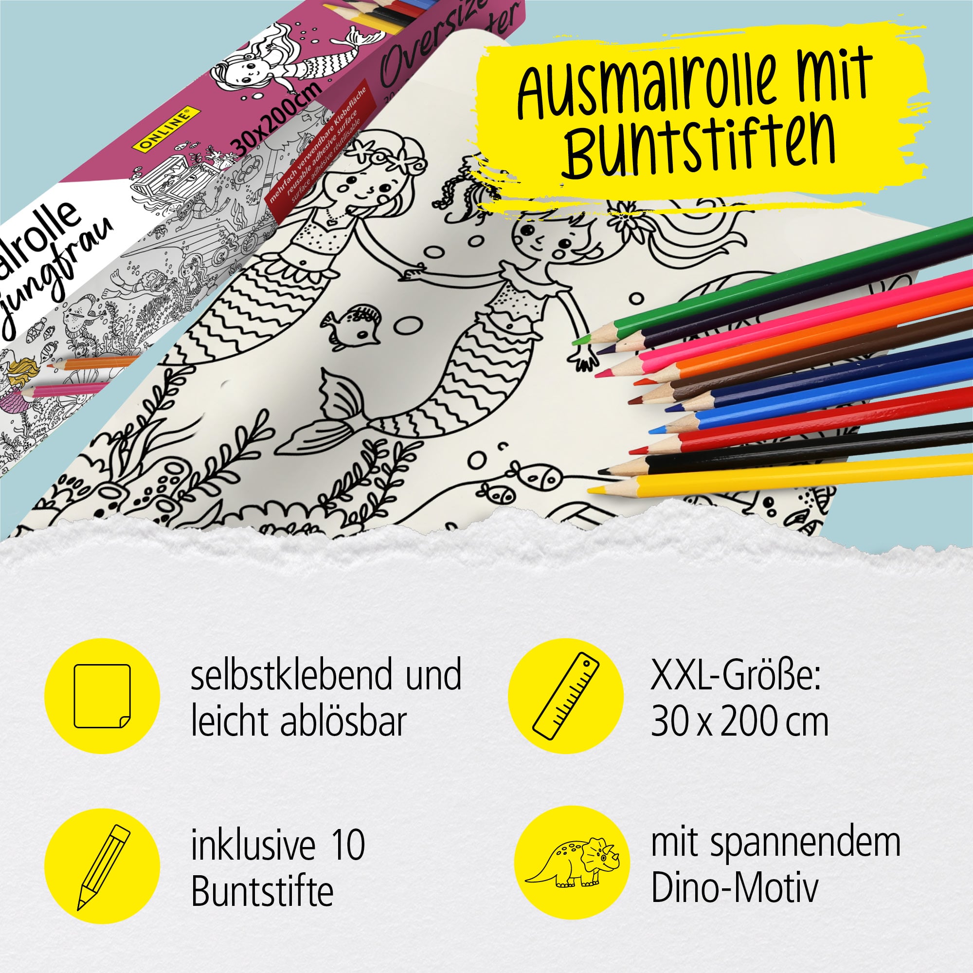 Buntstifte & Malrolle für Kinder zum Ausmalen, 30 x 200 cm, Selbstklebende Zeichenrolle mit Meerjungfrau-Motiv