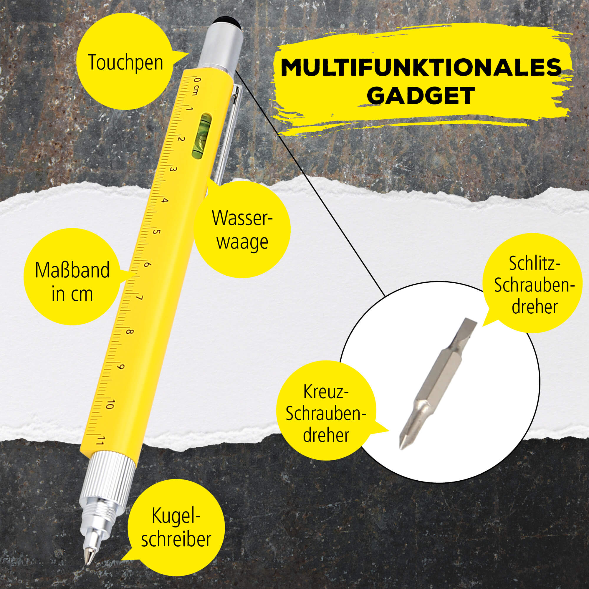 Multifunktionsstift 6-in-1, Kugelschreiber und Werkzeug Toolpen Gelb