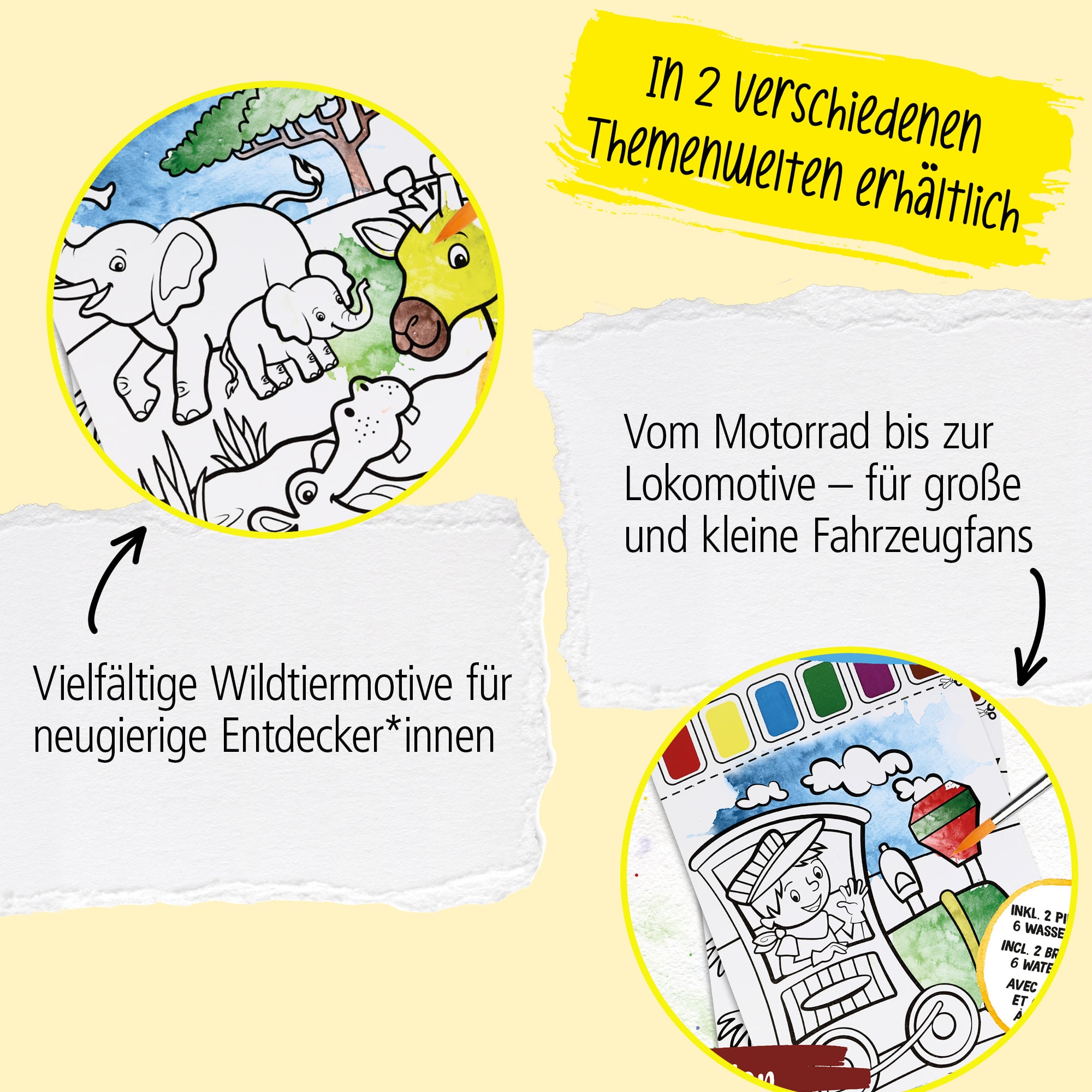 Malvorlagen, Motiv Fahrzeuge, inkl. 2 Pinsel und 6 Wasserfarben
