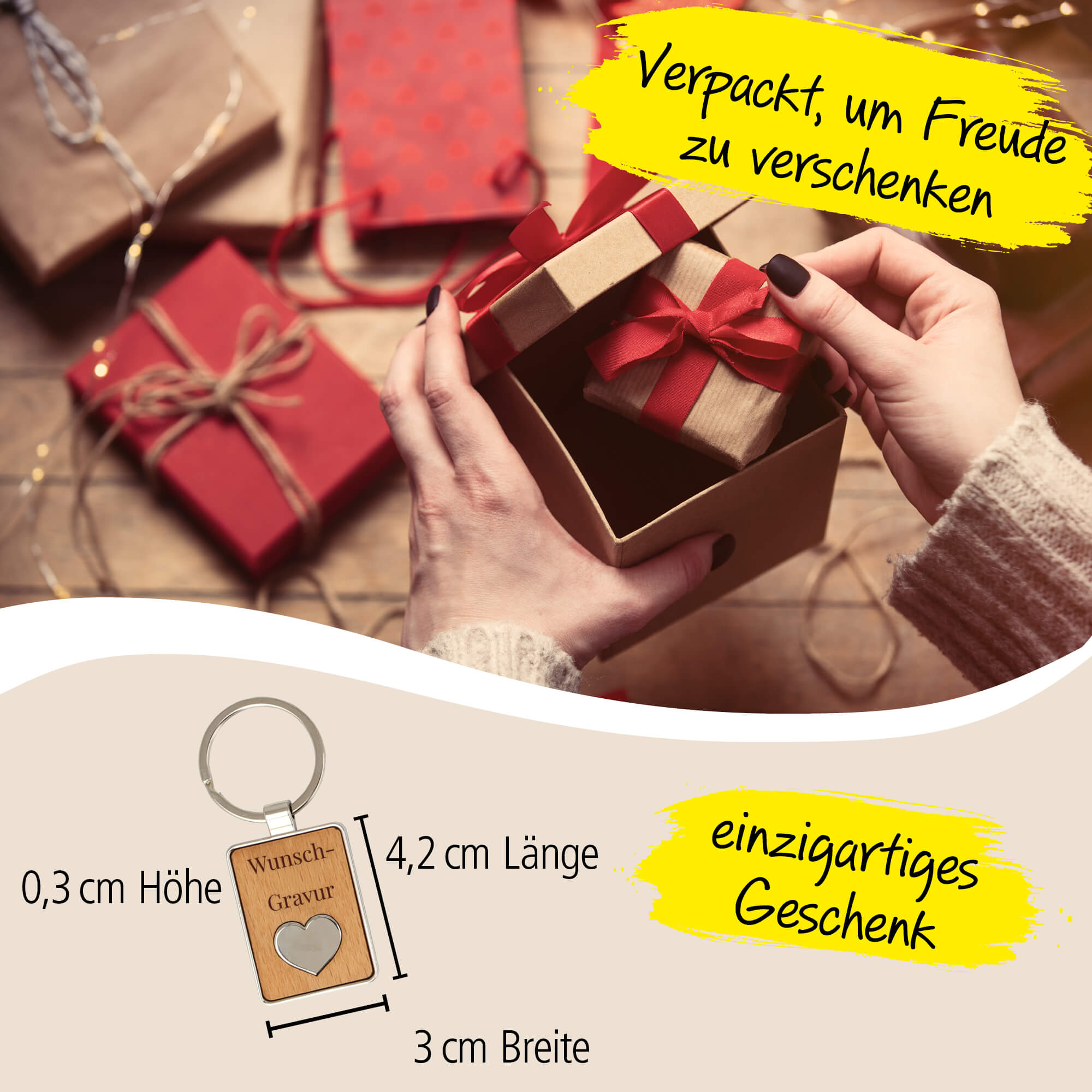 ONLINE Schlüsselanhänger personalisiert Holz mit Metall-Herz, Schlüsselanhänger zum selbst gestalten mit Gravur