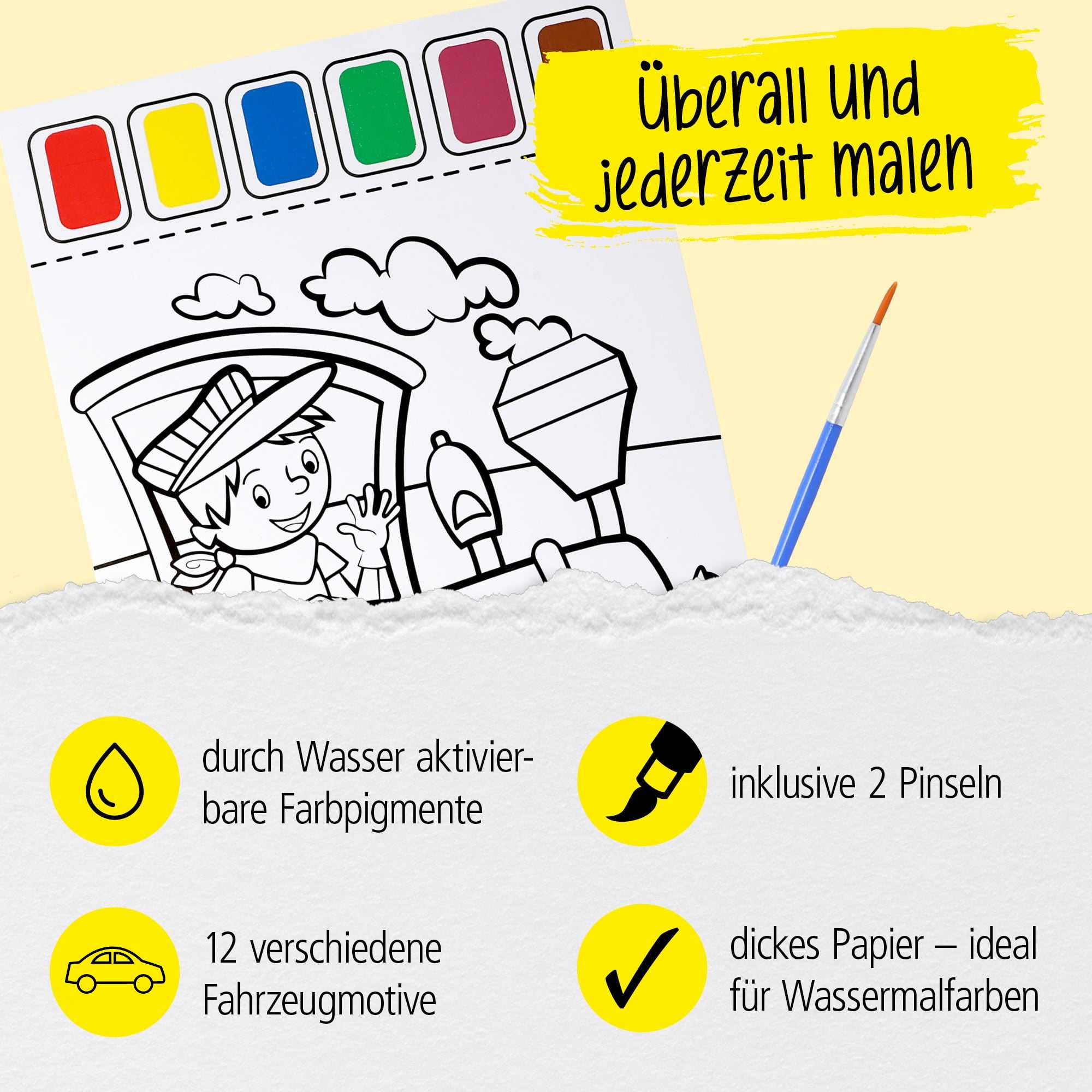 Malvorlagen, Motiv Fahrzeuge, inkl. 2 Pinsel und 6 Wasserfarben